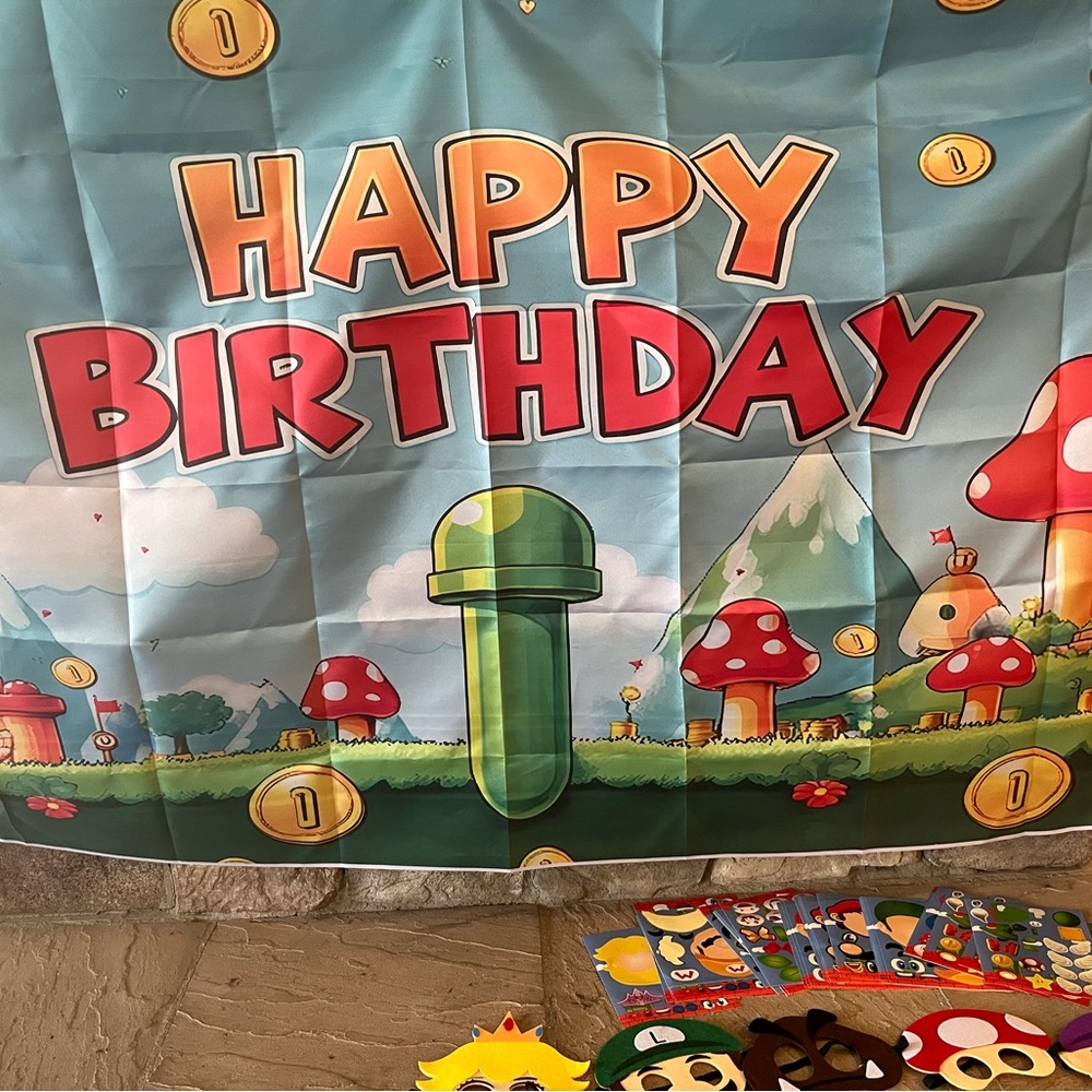 Super Mario birthday banner, masks, and sticker activity - Picture 2 of 6